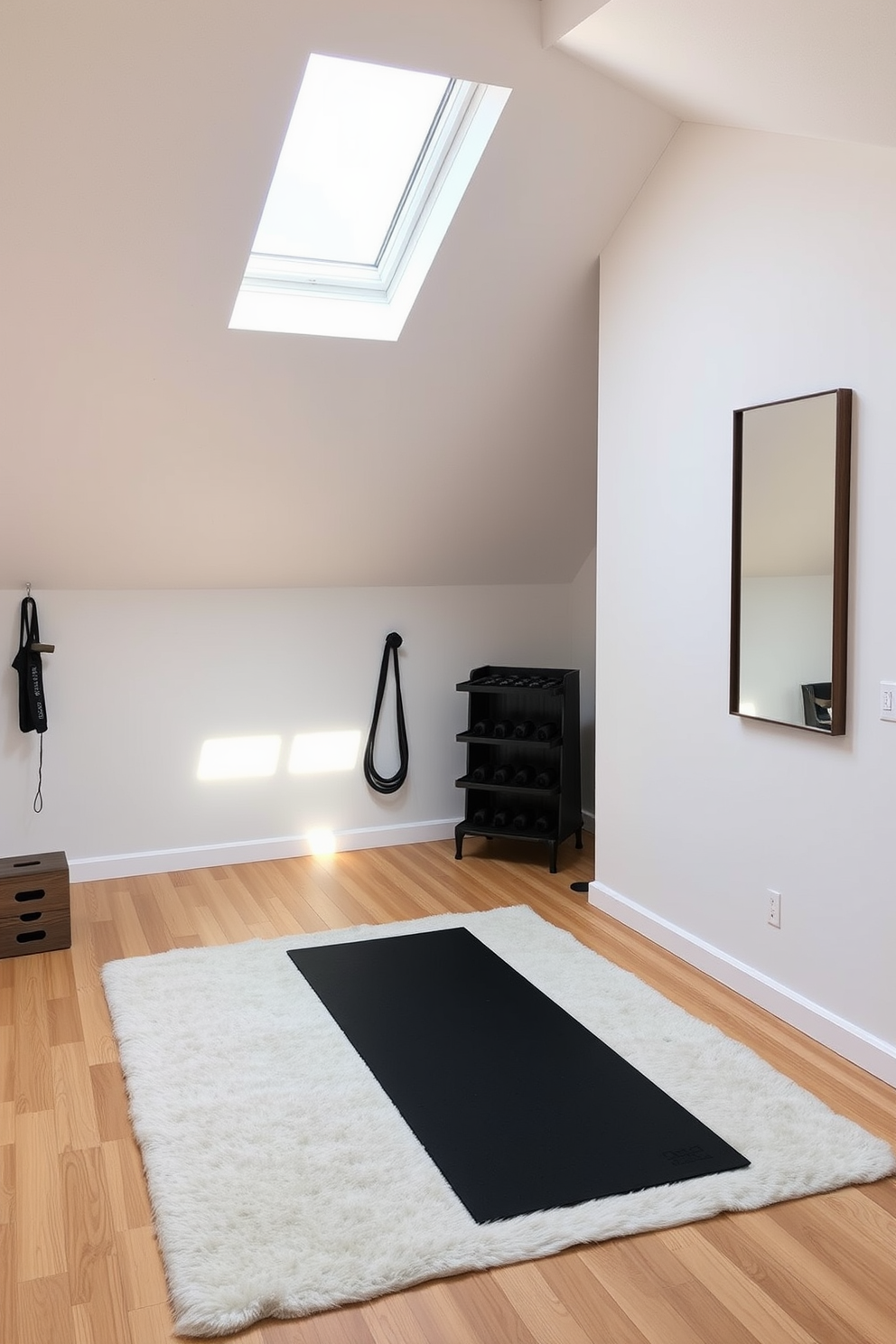 A stylish attic apartment featuring creative use of mirrors to expand the perception of space. The walls are painted in soft pastels, and large floor-to-ceiling mirrors are strategically placed to reflect natural light and enhance the airy feel. The living area is cozy and inviting, with a plush sectional sofa and a chic coffee table. A statement mirror above the sofa adds depth, while shelves lined with books and decor pieces create a personalized touch.