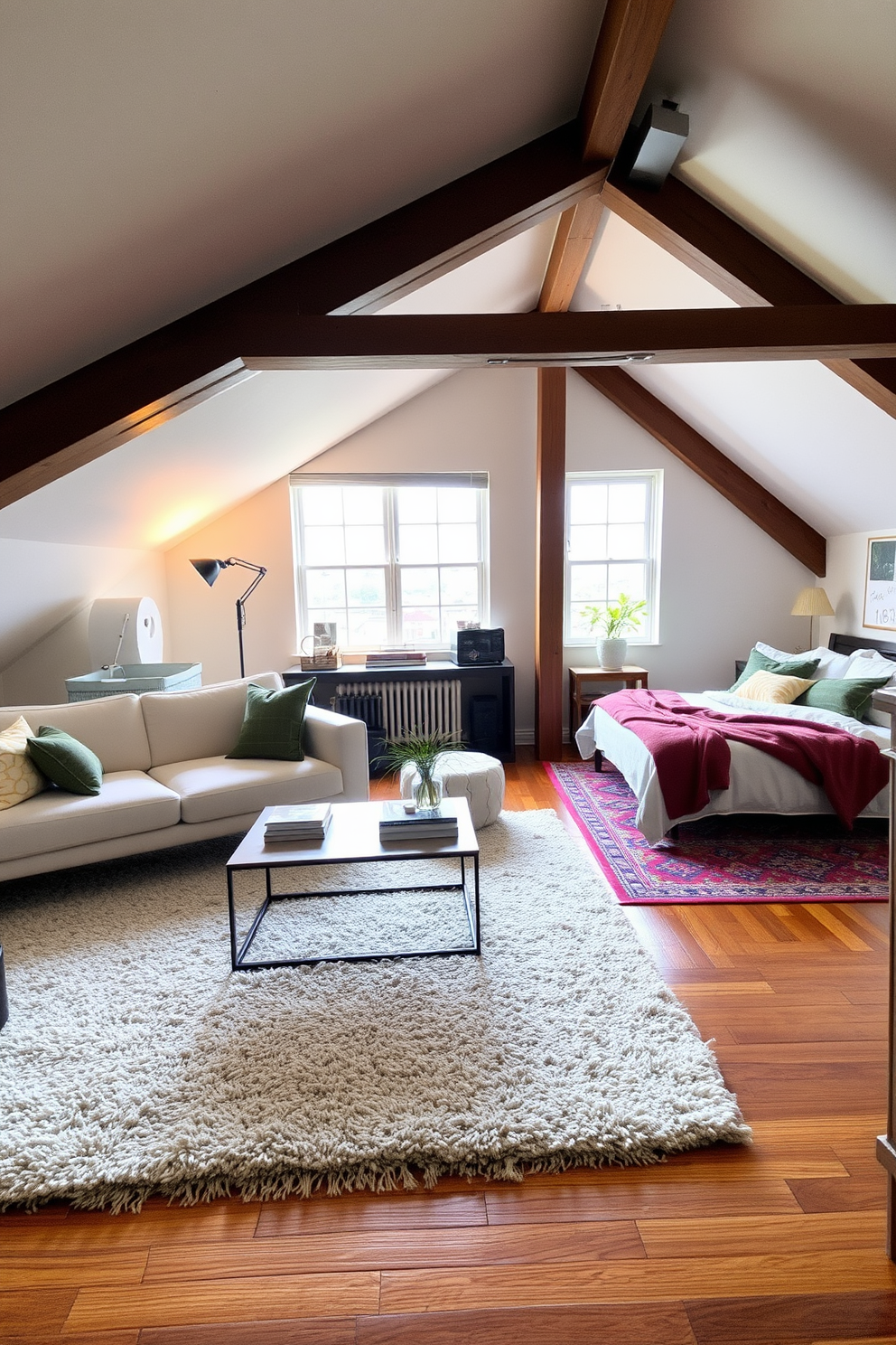 A cozy attic apartment with large skylights that flood the space with natural light. The room features a comfortable seating area with a plush sofa and a small coffee table, surrounded by bookshelves filled with books and decorative items. The walls are painted in a soft white hue, enhancing the brightness of the space, while wooden beams add character to the ceiling. A small kitchenette with modern appliances is tucked into one corner, complemented by a dining table that seats two.