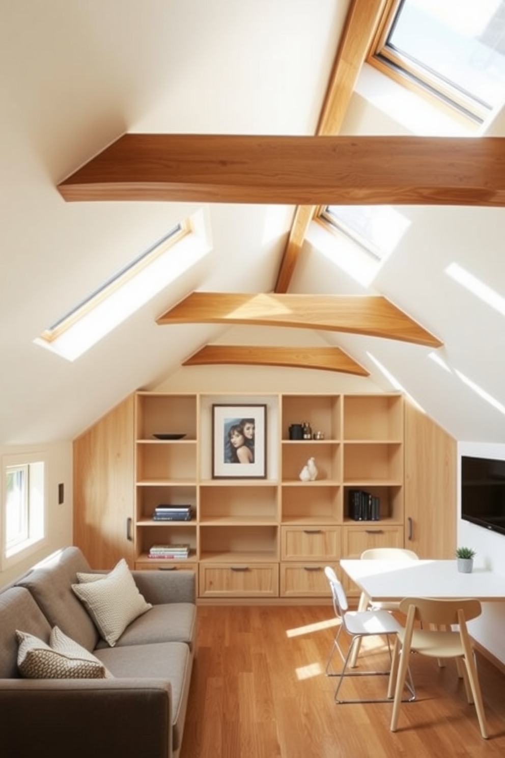 A cozy living room featuring a sleek sofa that converts into a bed, paired with a compact coffee table that doubles as storage. The walls are painted in a light gray, and a few plants are placed on floating shelves to enhance the space. An inviting attic apartment designed with sloped ceilings and large windows, showcasing a minimalist aesthetic. A small dining table is positioned near the window, complemented by a stylish bench that provides additional seating and storage.