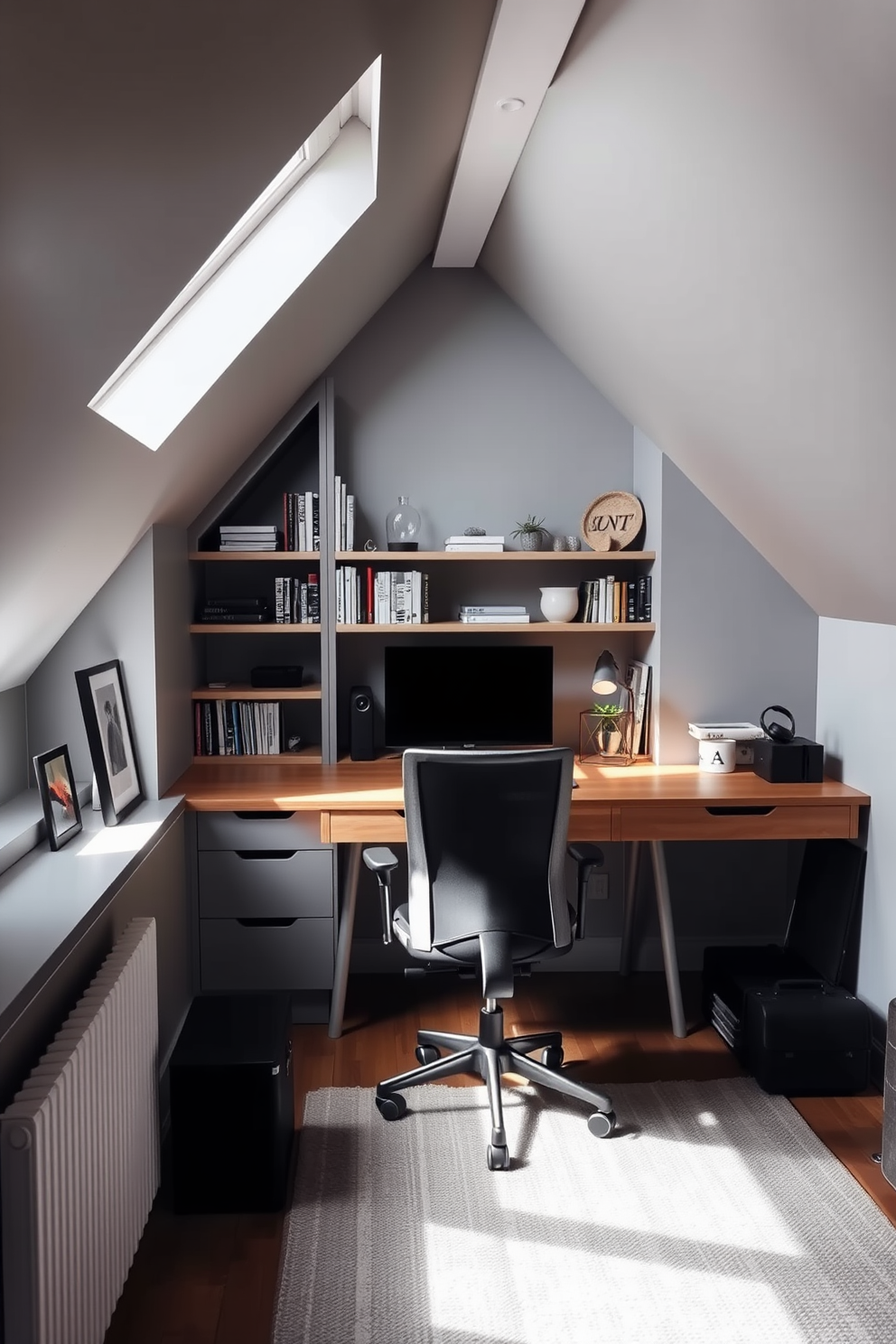 A cozy functional workspace is designed under a sloped ceiling in an attic apartment. The desk is made of reclaimed wood and positioned near a window, allowing natural light to illuminate the space. A comfortable ergonomic chair complements the desk, providing a perfect spot for productivity. Shelves made of light-colored wood are mounted on the walls, filled with books and decorative items to enhance the aesthetic.