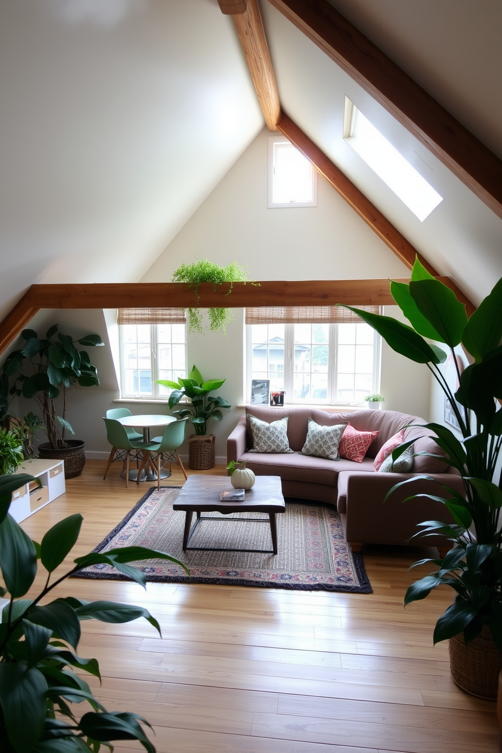 A cozy attic apartment filled with natural light. The space features sloped ceilings adorned with hanging plants that add a touch of greenery and style. A comfortable seating area is arranged around a small coffee table, with soft textiles and warm colors creating an inviting atmosphere. The walls are painted in light pastel hues, enhancing the airy feel of the apartment.