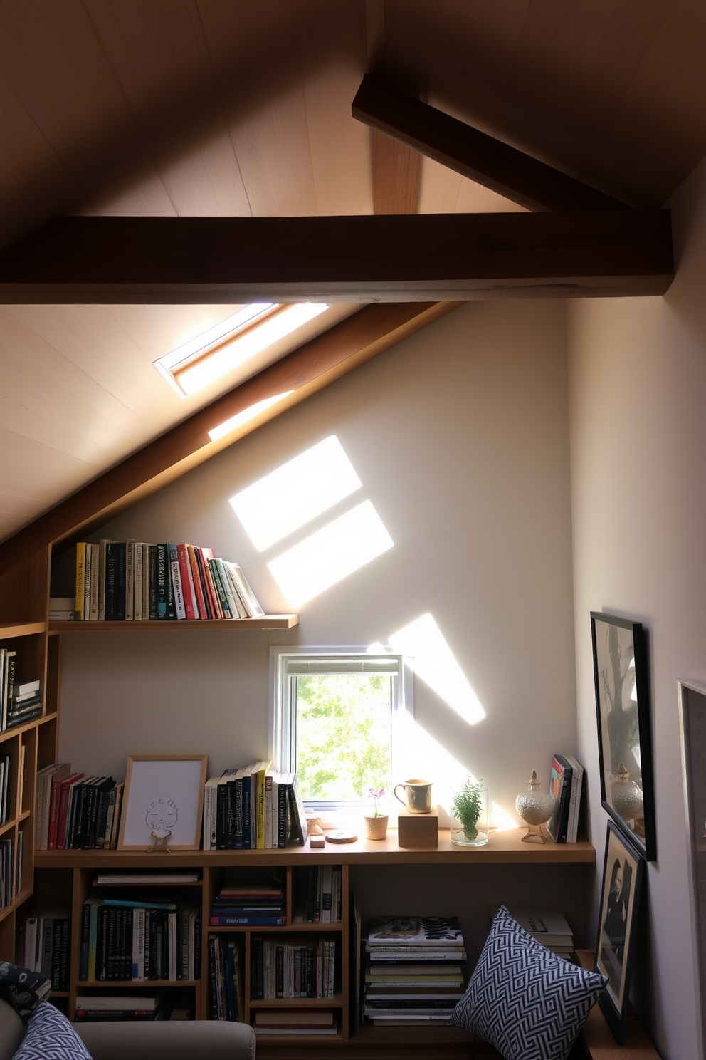 A creative workspace featuring a dedicated art display area. The room is bright and airy with large windows allowing natural light to flood in, showcasing an eclectic mix of artwork on the walls. The attic apartment design incorporates cozy nooks and open spaces for relaxation. Exposed beams and soft lighting create a warm atmosphere, while a comfortable seating area invites creativity and inspiration.