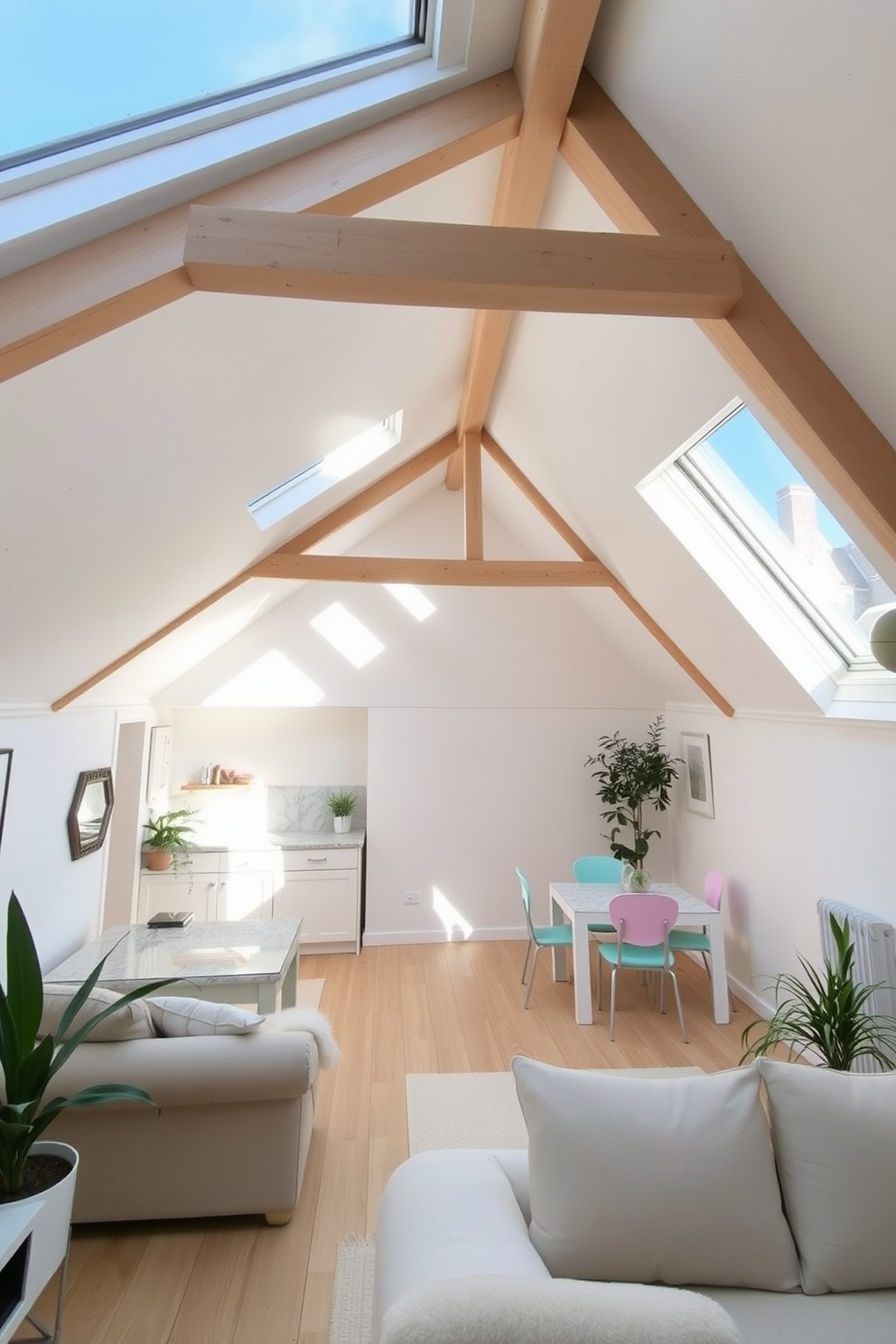 Creative storage solutions in built-ins. The space features custom cabinetry that maximizes vertical space while maintaining a sleek aesthetic. Attic apartment design ideas. The design incorporates sloped ceilings with skylights, creating a bright and airy atmosphere while utilizing clever furniture arrangements for functionality.