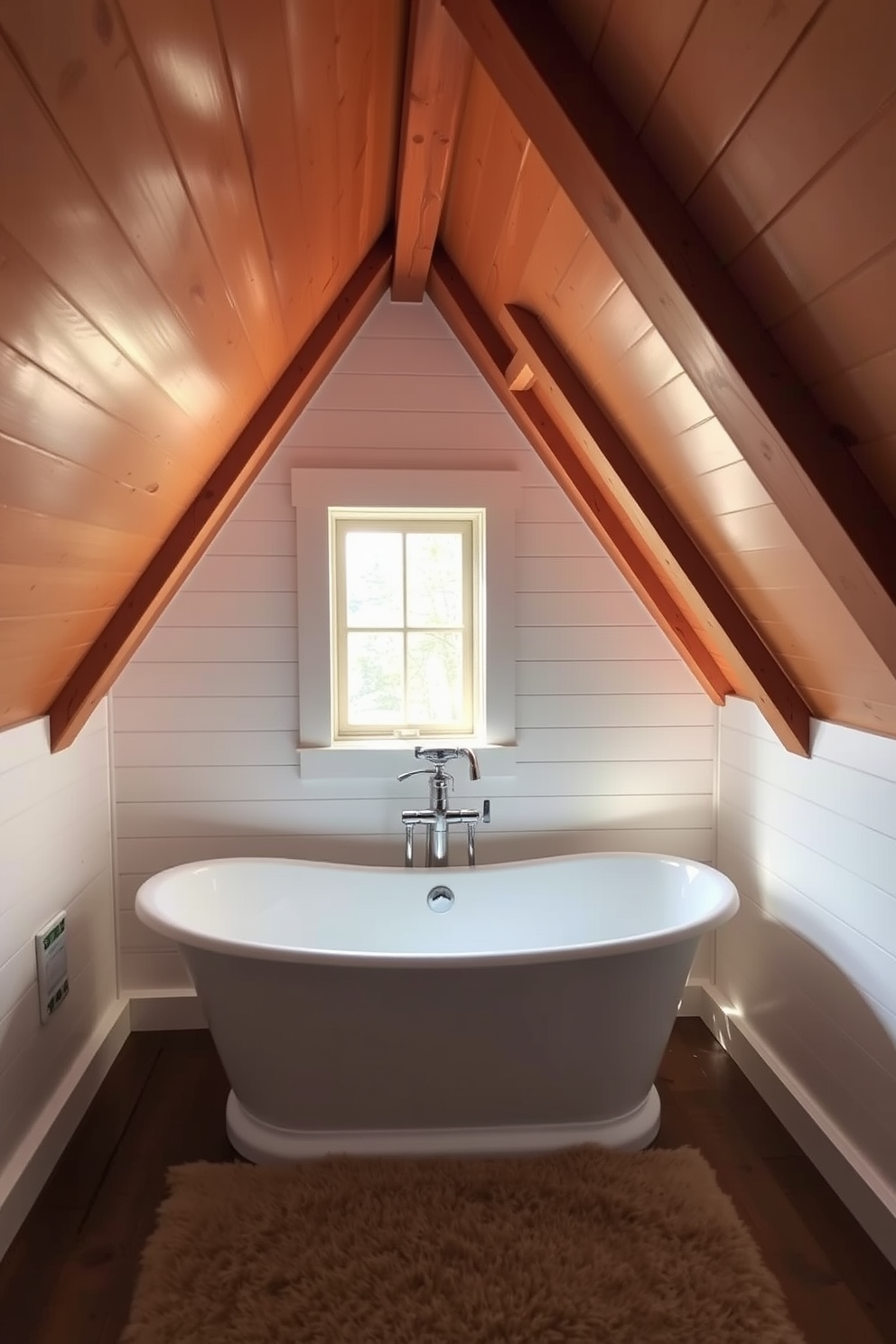 A cozy freestanding bathtub is positioned under the sloped eaves of the attic, creating a serene and inviting atmosphere. Soft natural light filters in through a small window, illuminating the warm wooden beams and the elegant curves of the tub. The walls are adorned with shiplap in a soft white finish, complementing the rustic charm of the space. A plush area rug lies beneath the tub, enhancing the comfort and warmth of this unique bathroom retreat.