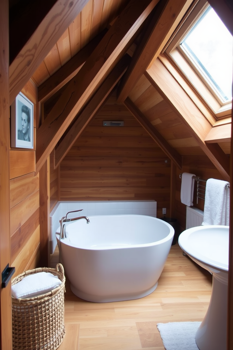 A cozy attic bathroom featuring exposed wooden beams that enhance the rustic charm of the space. The walls are clad in warm wood paneling, and a freestanding soaking tub is positioned under a skylight, allowing natural light to flood the room.