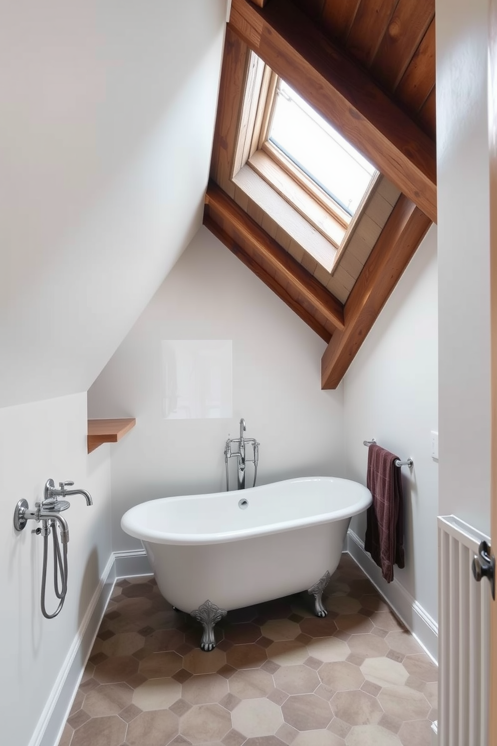 A cozy attic bathroom featuring sloped ceilings with exposed wooden beams. The space is illuminated by natural light streaming through a skylight, creating a warm and inviting atmosphere. Incorporate large mirrors on the walls to enhance light reflection and create a sense of openness. A freestanding bathtub is positioned under the eaves, surrounded by potted plants for a touch of nature.