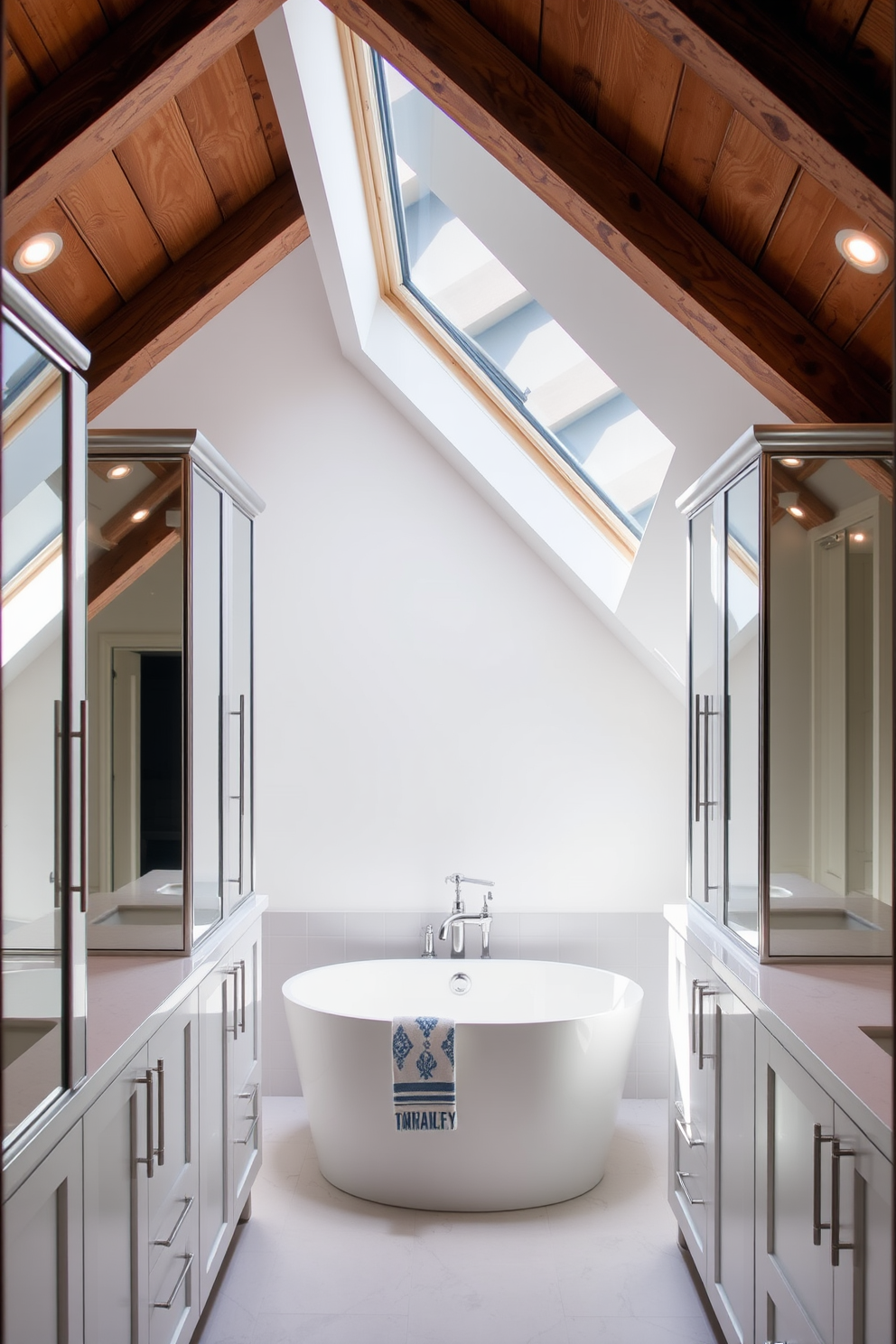 A chic attic bathroom featuring mirrored cabinets that enhance the sense of space and light. The cabinets are elegantly framed in brushed nickel, reflecting the soft glow of recessed lighting above. The sloped ceiling is adorned with rustic wooden beams, adding warmth to the modern design. A freestanding soaking tub sits beneath a skylight, inviting relaxation and tranquility.