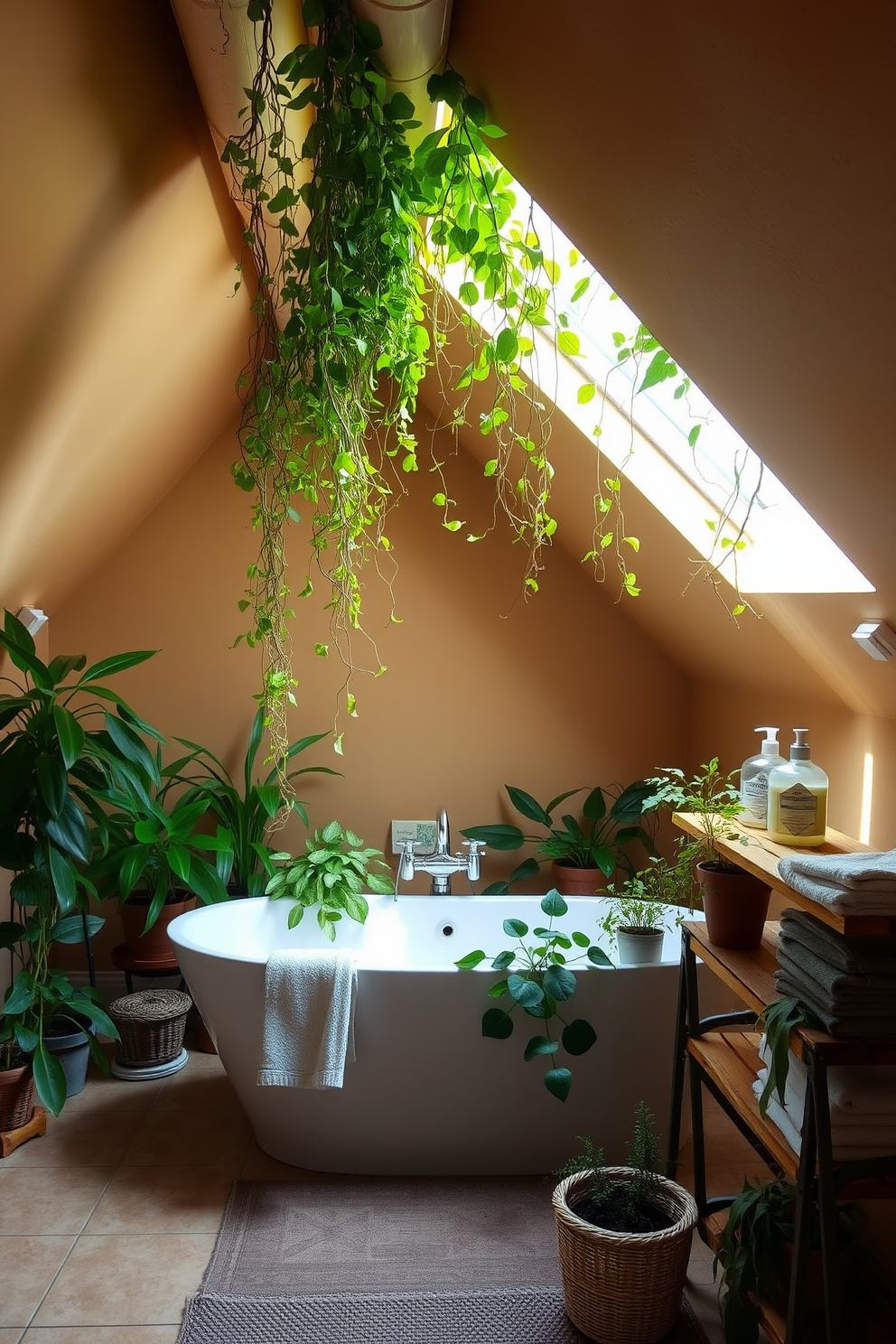 A serene attic bathroom filled with lush greenery. Sunlight streams through a skylight, illuminating a freestanding soaking tub surrounded by potted plants and hanging vines. The walls are painted in soft earth tones, creating a warm and inviting space. A rustic wooden shelf holds neatly folded towels and natural bath products, adding to the refreshing atmosphere.