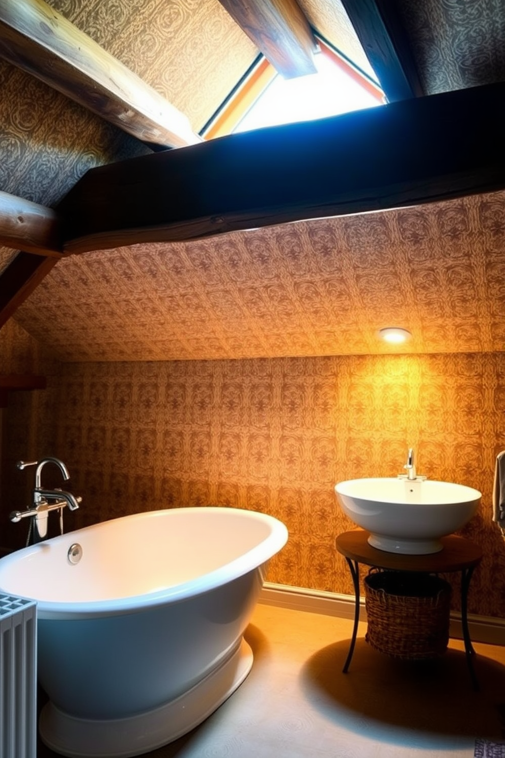 A cozy attic bathroom featuring textured wallpaper that adds depth and visual interest to the space. The room is illuminated by soft, ambient lighting that highlights the unique patterns of the wallpaper. A freestanding tub is positioned under a skylight, allowing natural light to flood the area. Rustic wooden beams run across the ceiling, enhancing the charm of the attic setting.