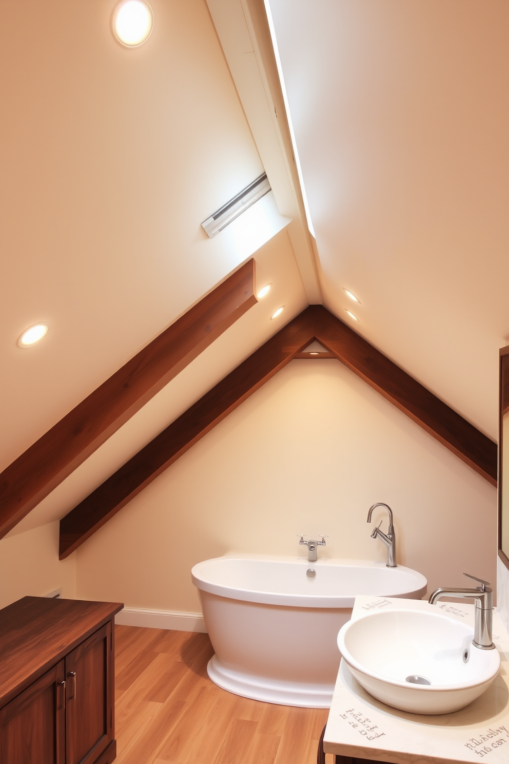 A charming attic bathroom featuring exposed wooden beams that add character and warmth to the space. The walls are painted in a soft white hue, and the floor is adorned with rustic wooden planks for a cohesive design. A freestanding soaking tub is positioned under a skylight, allowing natural light to flood the room. Beside the tub, a vintage-style ladder serves as a towel rack, enhancing the cozy atmosphere.