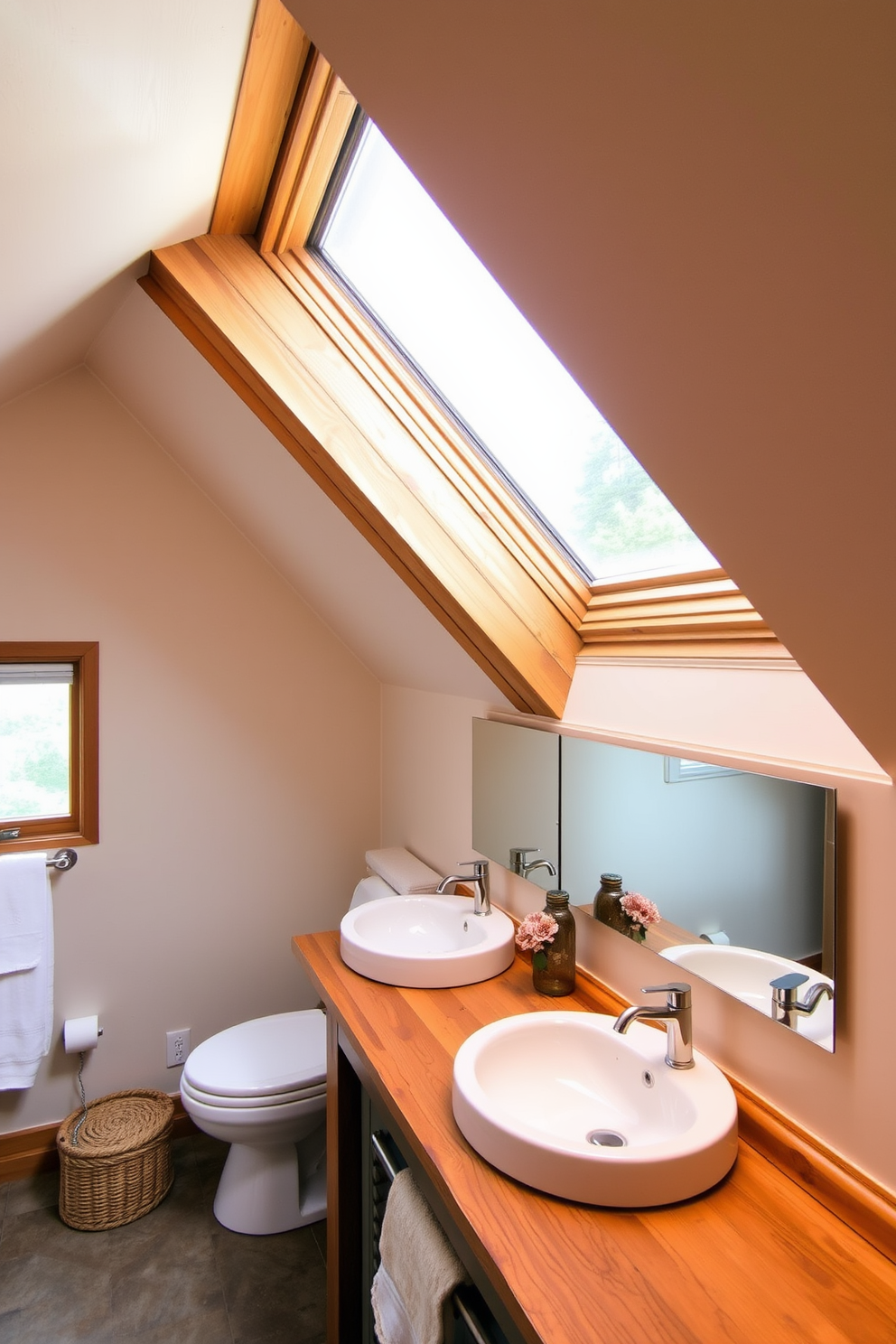 A cozy attic bathroom with dual sinks for shared convenience. The design features sloped ceilings with exposed wooden beams and soft ambient lighting. The sinks are set into a reclaimed wood vanity that adds rustic charm. Large skylights allow natural light to flood the space, enhancing the warm color palette of soft whites and earthy tones.