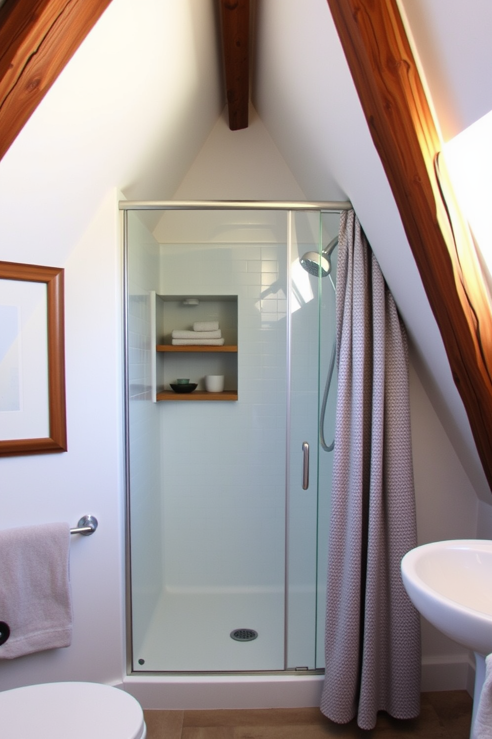 A cozy attic bathroom featuring niche shelving built into the shower for optimal organization. The walls are painted in a soft white, complemented by rustic wooden beams that add warmth to the space.