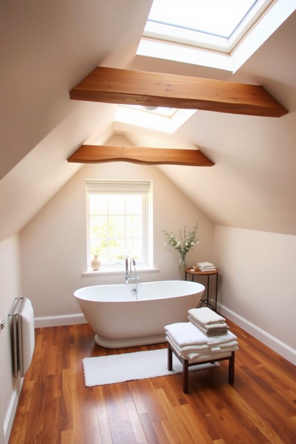 Create a spa-like ambiance with candles in an attic bathroom. The space features sloped ceilings with exposed wooden beams and soft, warm lighting that enhances the tranquil atmosphere. A freestanding soaking tub is positioned under a skylight, surrounded by flickering candles on a wooden ledge. Natural materials like stone and wood are used throughout, with a neutral color palette that promotes relaxation.