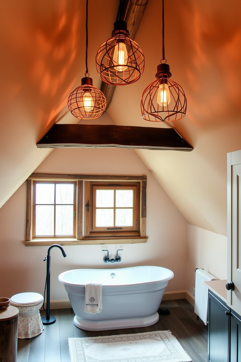 A cozy attic bathroom featuring sloped ceilings with exposed wooden beams creates a warm atmosphere. The centerpiece is a freestanding soaking tub positioned under a skylight, allowing natural light to flood the space. To the side, a stylish heated towel rack is mounted on the wall, providing both functionality and elegance. The walls are adorned with soft white shiplap, while the floor boasts rustic wooden planks for a charming finish.