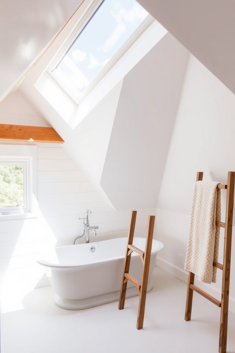 A cozy attic bathroom featuring bold colors for accent walls. The main wall is painted a vibrant teal, contrasting with soft white shiplap on the remaining walls. The space includes a freestanding soaking tub positioned under a skylight, allowing natural light to flood in. A rustic wooden ladder serves as a towel rack, adding warmth to the modern design.