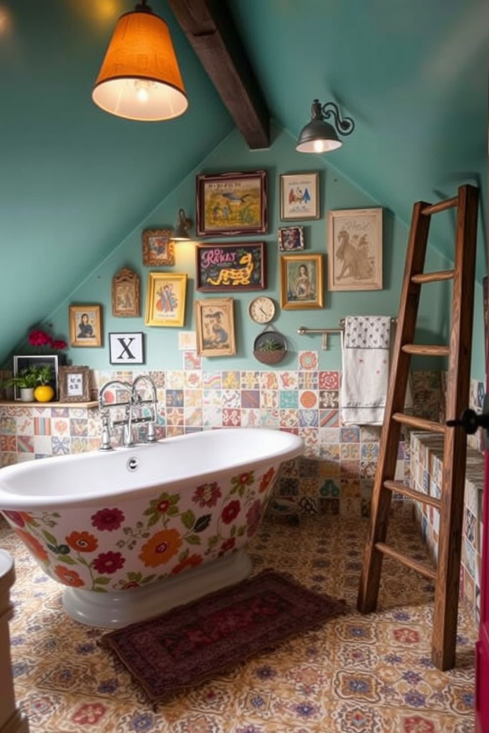 A serene attic bathroom retreat features sloped ceilings adorned with exposed wooden beams. The walls are painted in soft beige, complemented by a warm gray tile floor and a freestanding soaking tub positioned under a skylight. A minimalist wooden vanity with a white countertop holds a round mirror above it. Natural light floods the space, enhancing the tranquility created by the neutral palette and adding a touch of greenery with potted plants placed strategically around the room.