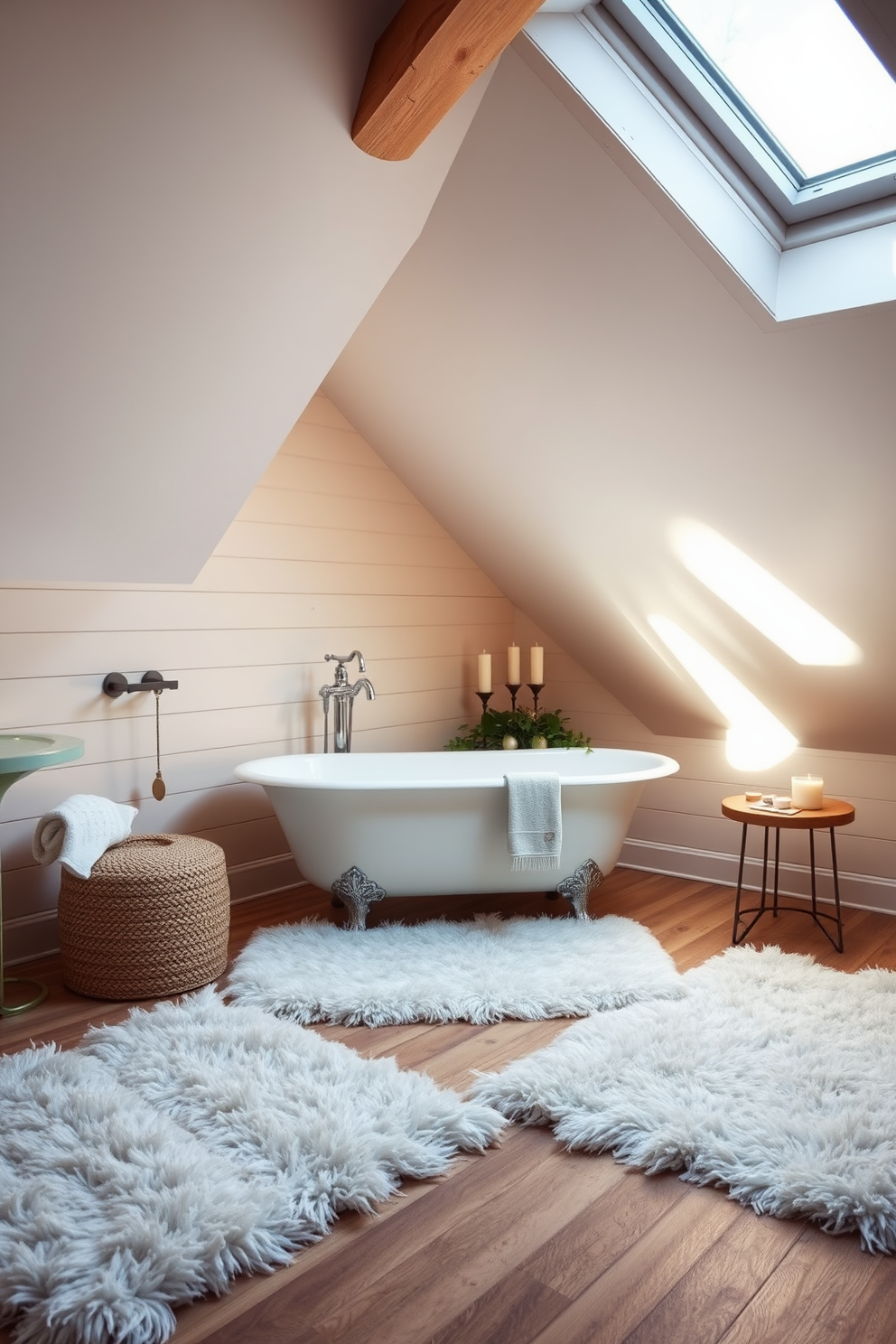 A cozy attic bathroom featuring soft, plush rugs that provide warmth and comfort underfoot. The space is illuminated by natural light streaming through a skylight, highlighting the elegant fixtures and muted color palette. The walls are adorned with shiplap, creating a rustic yet modern feel. A freestanding bathtub is positioned beneath the skylight, surrounded by candles and greenery for a serene atmosphere.