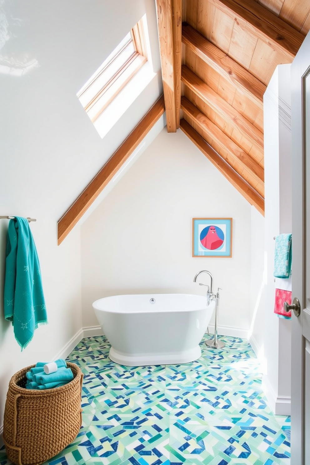 A charming attic bathroom with sloped ceilings and skylights that allow natural light to flood the space. The walls are adorned with mosaic tiles in varying shades of blue and green, creating a vibrant and unique look. A freestanding soaking tub is positioned under the skylight, surrounded by potted plants for a touch of nature. The floor features complementing mosaic tiles that seamlessly blend with the overall design, adding character and warmth to the room.