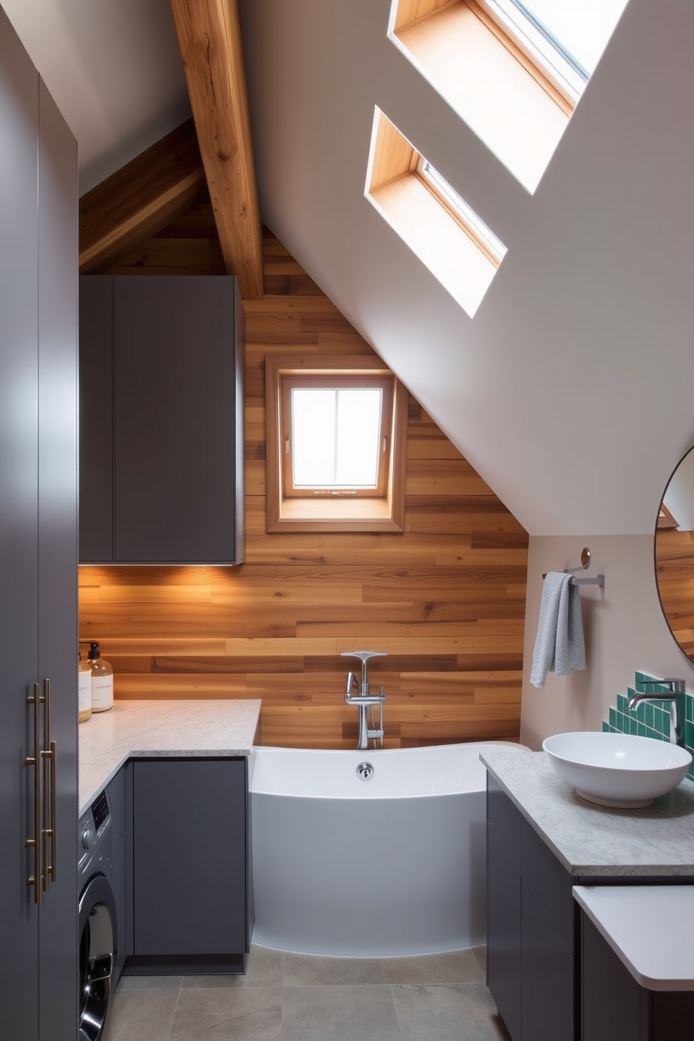 A cozy attic bathroom featuring a double sink with a sleek white countertop and modern fixtures. The walls are painted in a soft pastel color, and natural light floods the space through a skylight, enhancing the warm wooden beams overhead. Incorporate a freestanding bathtub next to the double sink for a luxurious touch. The floor is adorned with rustic tiles, and decorative plants add a refreshing element to the design.