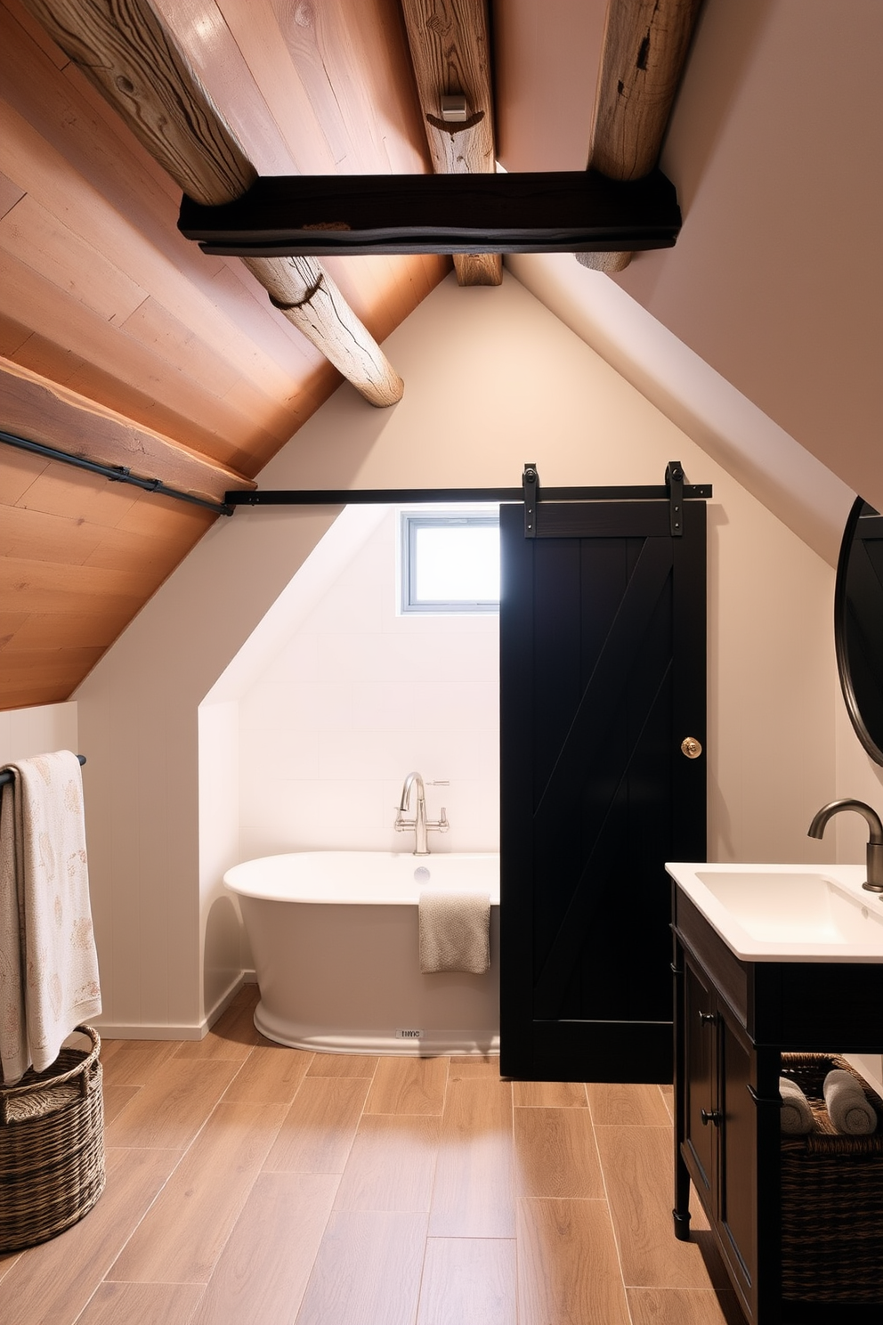 A cozy attic bathroom featuring a small seating area with a plush armchair and a side table. The space is illuminated by a large skylight, allowing natural light to flood in, while the walls are adorned with soft, pastel colors. The bathroom includes a freestanding soaking tub positioned under the sloped ceiling, complemented by a modern floor lamp. A rustic wooden ladder serves as a towel rack, and potted plants add a touch of greenery to the serene atmosphere.