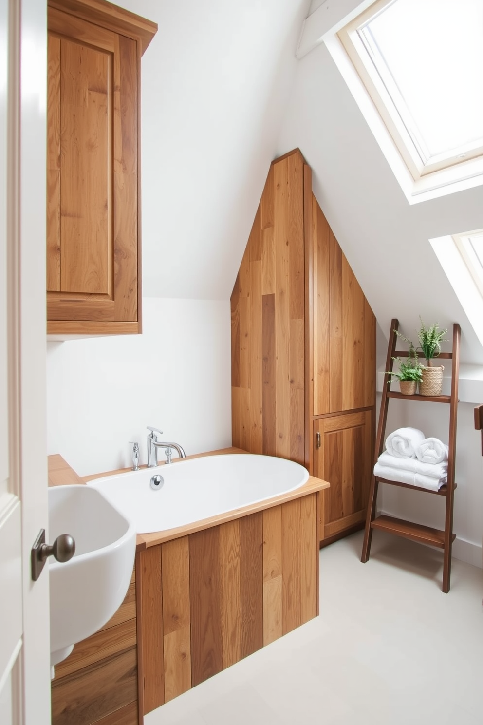 A cozy attic bathroom featuring custom cabinetry designed to maximize storage space. The cabinetry is crafted from reclaimed wood, providing a rustic charm, while the walls are painted in a soft white to enhance the natural light. The bathroom includes a freestanding soaking tub nestled under a skylight, creating a serene bathing experience. A stylish ladder shelf beside the tub holds neatly rolled towels and decorative plants, adding a touch of greenery.