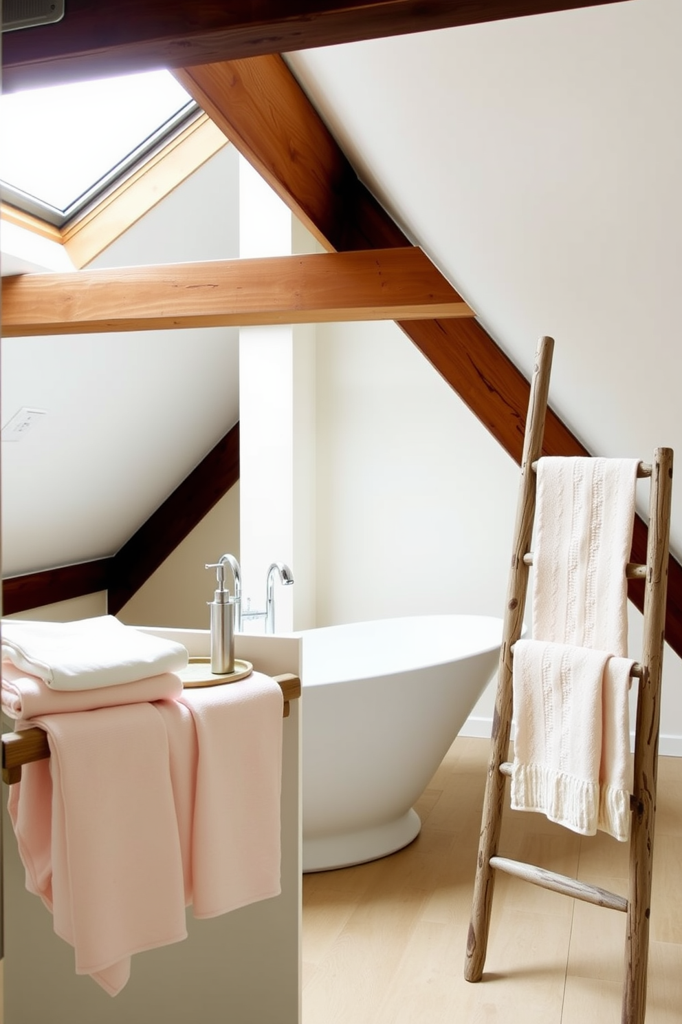 A cozy attic bathroom with sloped ceilings and exposed wooden beams. The space features a freestanding soaking tub positioned under a skylight, allowing natural light to flood in. A rustic wooden ladder leans against the wall, serving as a stylish towel rack. The walls are adorned with framed artwork that reflects the homeowner's personality, adding a personal touch to the design.