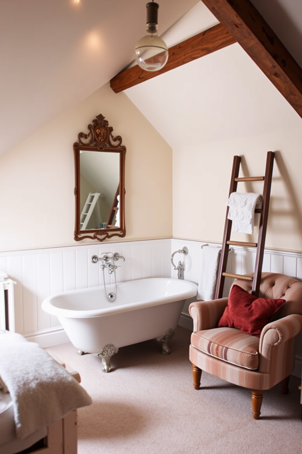 A charming attic bathroom featuring a pedestal sink that exudes elegance. The walls are adorned with soft pastel colors, while the sloped ceiling is complemented by exposed wooden beams. Natural light floods the space through a skylight, highlighting the vintage-style fixtures. A cozy nook with a plush armchair adds a touch of comfort to this unique bathroom retreat.