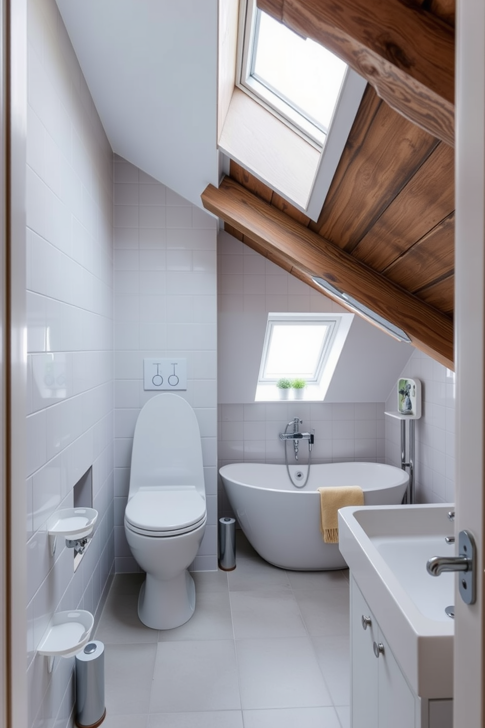 A cozy attic bathroom featuring a corner shower that maximizes space efficiency. The walls are adorned with soft white shiplap, and the floor is covered in rustic wood tiles for a warm atmosphere. Natural light floods the room through a skylight, illuminating the sleek fixtures and minimalist decor. A vintage wooden ladder serves as a stylish towel rack, enhancing the charming aesthetic of the space.