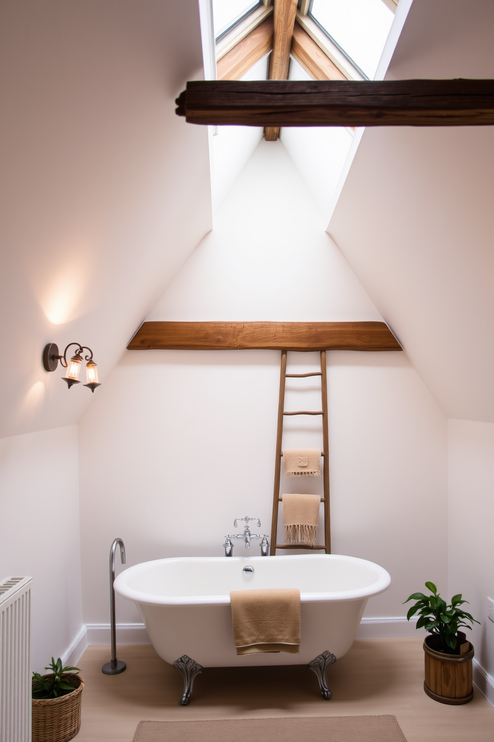 Create a cozy attic bathroom that utilizes sconce lighting for ambient illumination. The walls are painted in soft white, and the ceiling features exposed wooden beams to enhance the rustic charm. Install elegant sconces on either side of a freestanding bathtub, providing a warm glow that complements the natural light from a skylight above. Use a vintage wooden ladder as a decorative element for towels, and incorporate potted plants to bring a touch of nature indoors.