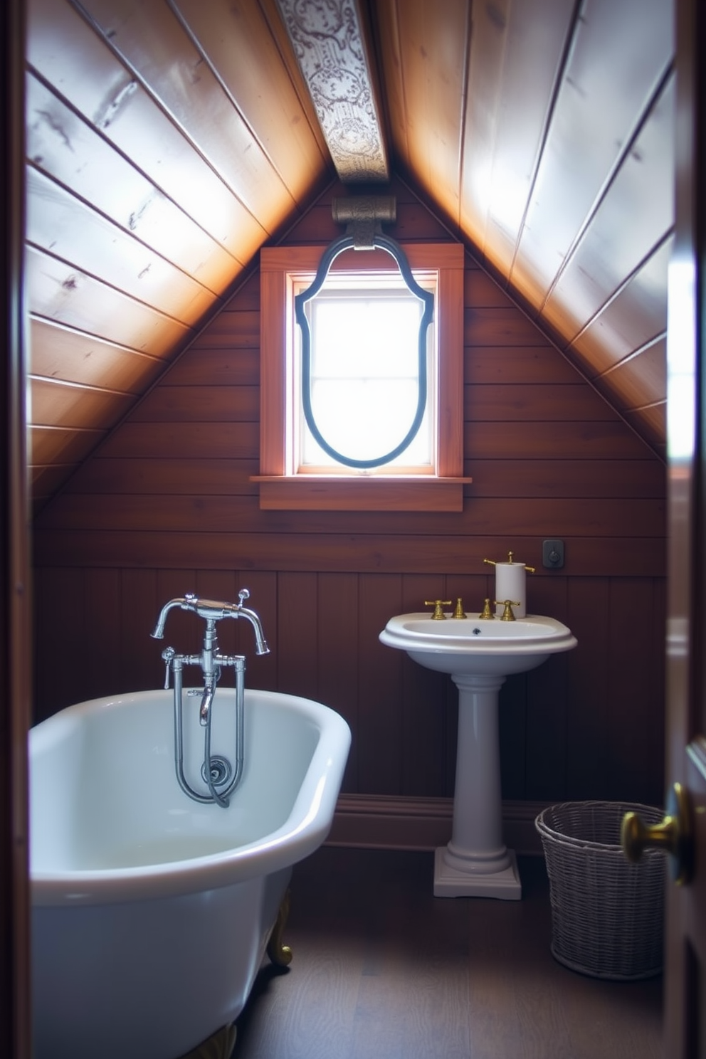 A charming attic bathroom featuring vintage fixtures that exude timeless appeal. The space includes a clawfoot bathtub with a classic freestanding faucet and a pedestal sink adorned with antique brass accents. Soft natural light filters through a small window, illuminating the warm wooden beams and rustic shiplap walls. A vintage-style mirror hangs above the sink, enhancing the cozy and inviting atmosphere of the room.