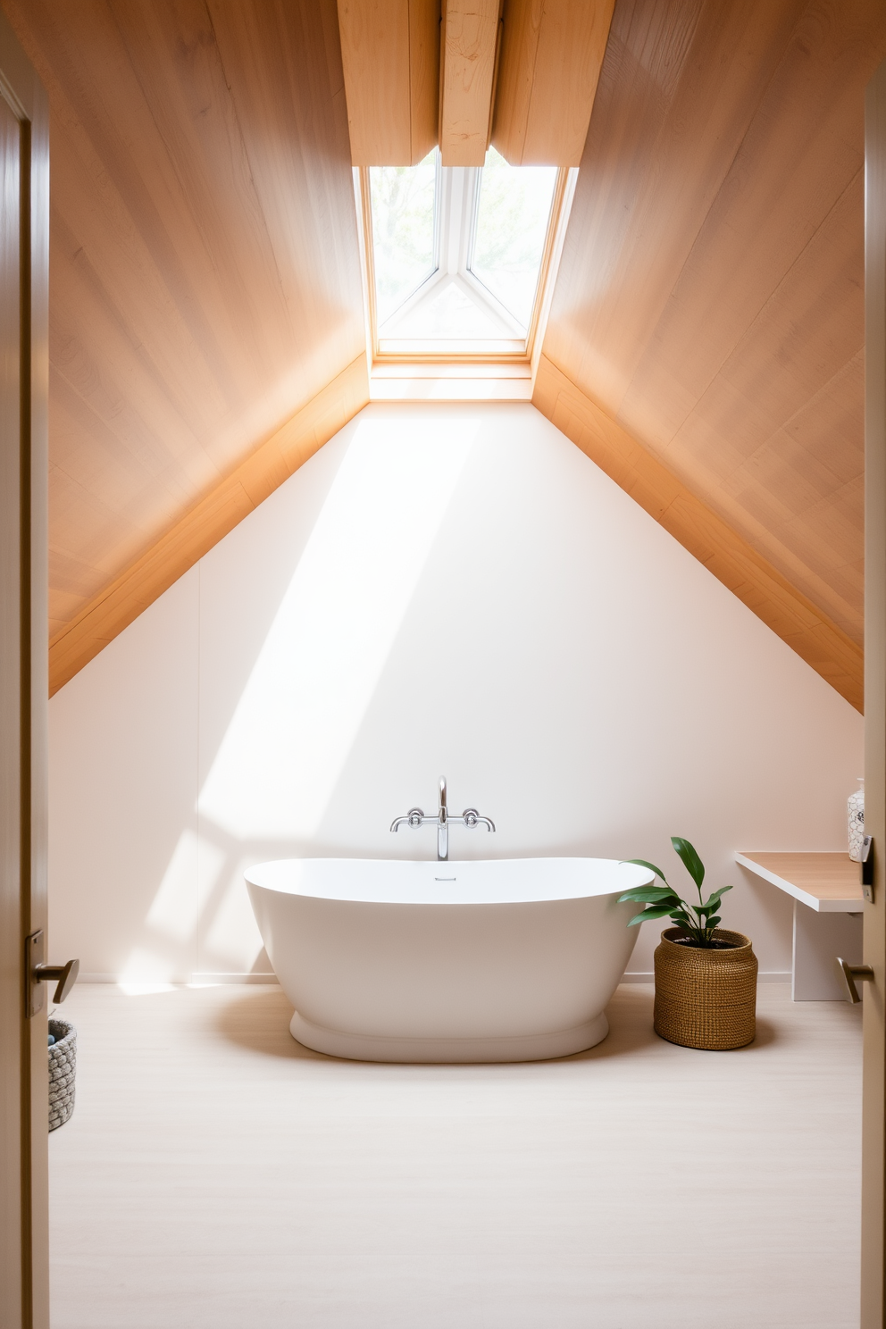 A serene attic bathroom featuring a neutral color palette that promotes a calming effect. The walls are painted in soft beige, complemented by a warm wooden ceiling that adds character to the space. A freestanding bathtub sits beneath a skylight, allowing natural light to flood the room. Elegant fixtures in brushed nickel enhance the minimalist aesthetic, while potted greenery brings a touch of nature indoors.