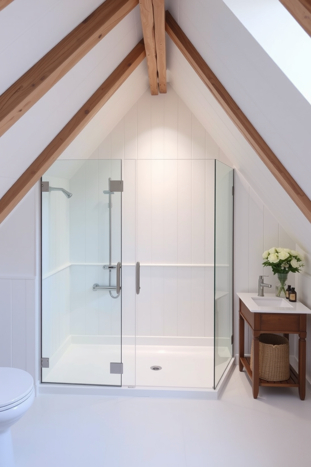 A spacious attic bathroom featuring a glass shower enclosure that creates an open and airy atmosphere. The walls are adorned with soft white paneling and the ceiling showcases exposed wooden beams, adding to the charm of the space.