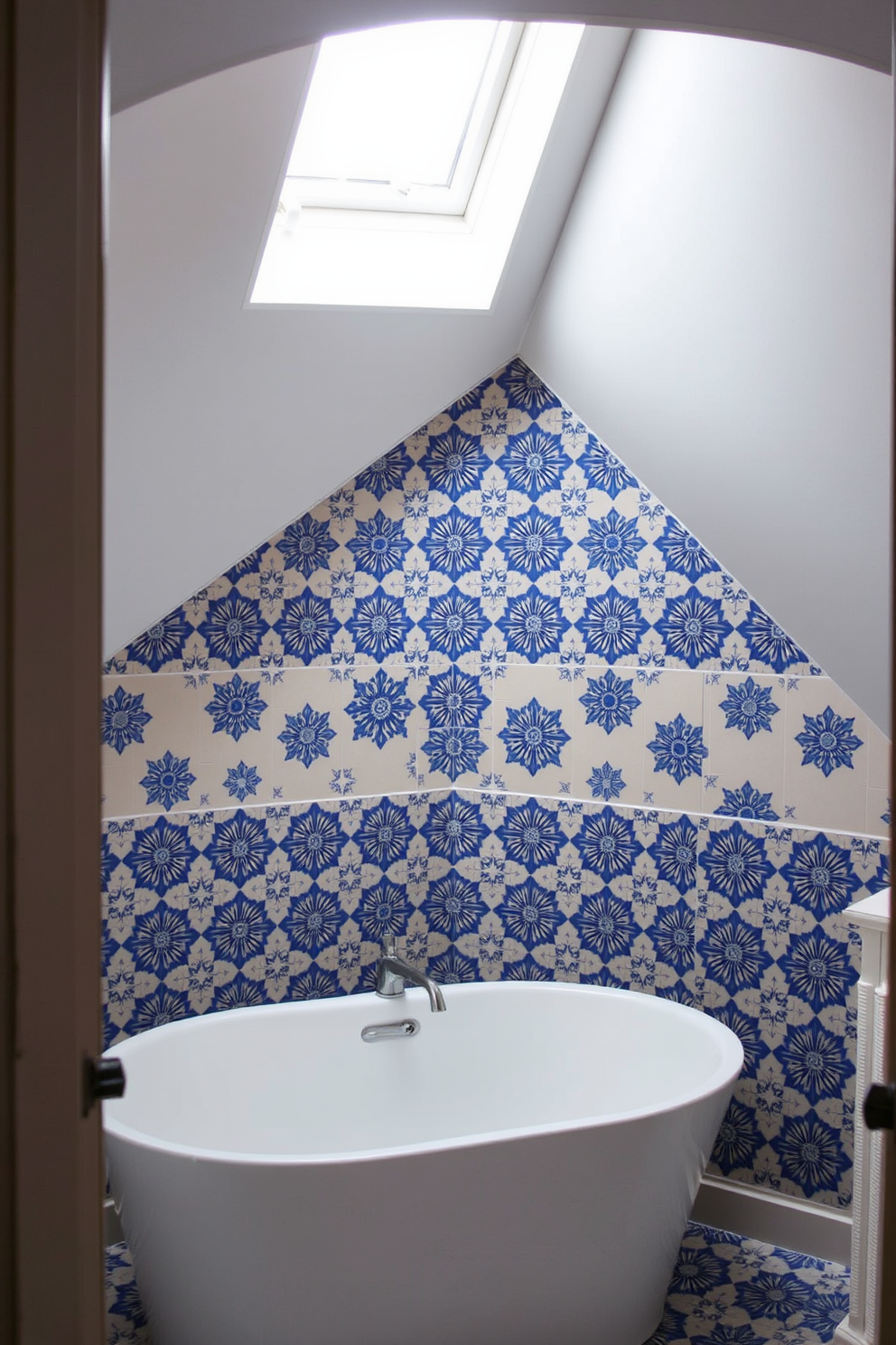 A cozy attic bathroom featuring sloped ceilings and exposed wooden beams. The floor is adorned with vibrant patterned tiles that add visual interest and charm to the space. A freestanding bathtub sits beneath a skylight, allowing natural light to flood the room. Soft, neutral colors on the walls create a serene backdrop, complemented by rustic wooden shelving for storage.