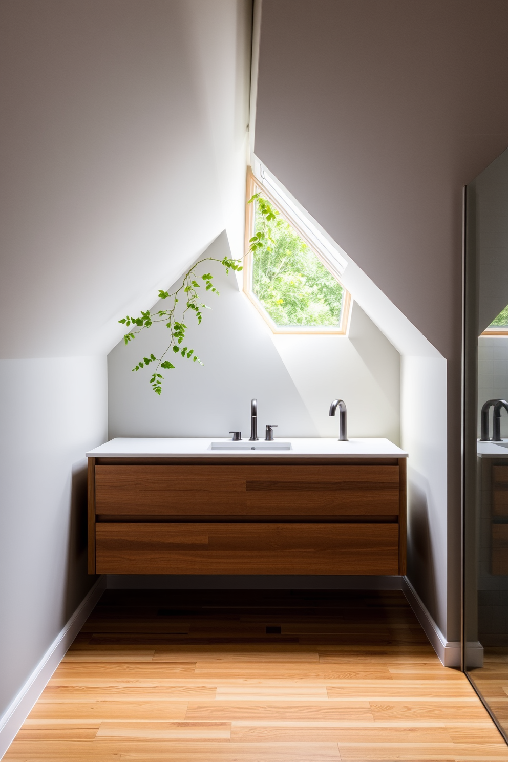 A cozy attic bathroom featuring open shelving for storage. The walls are painted in a soft white, and the ceiling slopes gently, creating an intimate space filled with natural light. The open shelves are made of reclaimed wood, showcasing neatly arranged towels and decorative baskets. A freestanding tub sits beneath a skylight, surrounded by potted plants that add a touch of greenery.