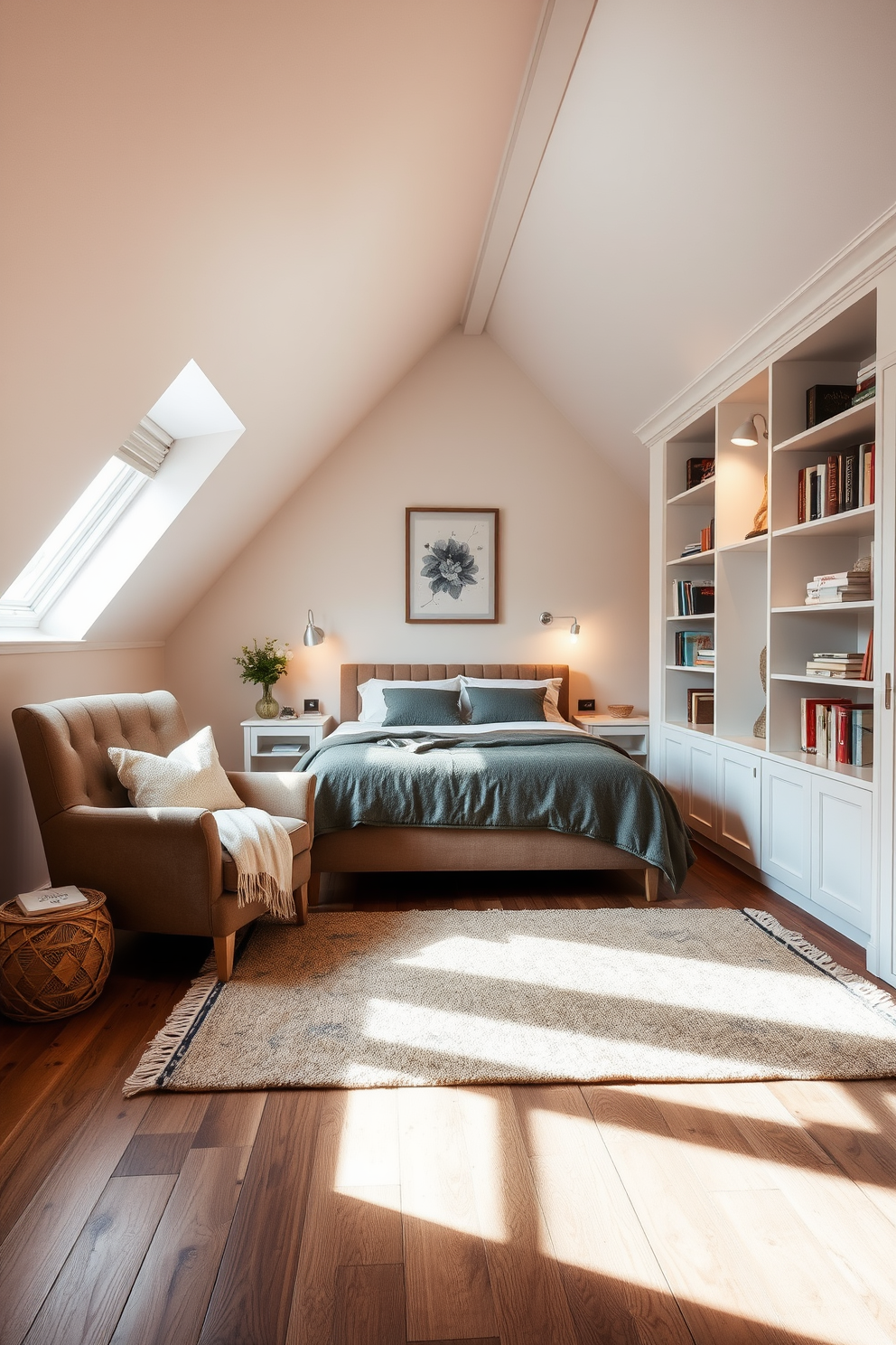 A cozy reading nook under the eaves features a plush armchair upholstered in soft fabric positioned next to a small wooden side table. Natural light streams in through a skylight above, illuminating a collection of books neatly arranged on a nearby shelf. The attic bedroom design includes a comfortable bed with a tufted headboard against a sloped wall, complemented by warm, ambient lighting from bedside lamps. Soft, neutral bedding and decorative pillows enhance the inviting atmosphere, while a vintage trunk at the foot of the bed adds character and storage.