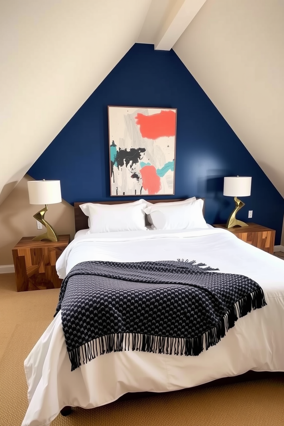 A cozy attic bedroom featuring neutral tones complemented by bold statement pieces. The walls are painted in a soft beige, while a striking deep blue accent wall showcases a large piece of abstract art. A plush king-sized bed is dressed in crisp white linens with a vibrant patterned throw blanket. Unique bedside tables made from reclaimed wood hold modern lamps with geometric designs, adding character to the space.