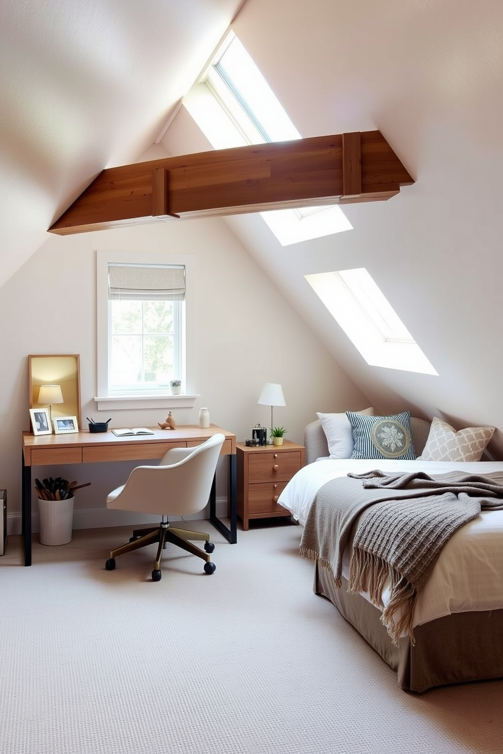 A cozy attic bedroom designed as a multi-functional space. The room features a stylish desk area with a comfortable chair, perfect for work or study. Natural light floods the space through a skylight, illuminating the warm wood beams and soft neutral color palette. A plush bed is positioned against a sloped wall, adorned with decorative pillows and a cozy throw.