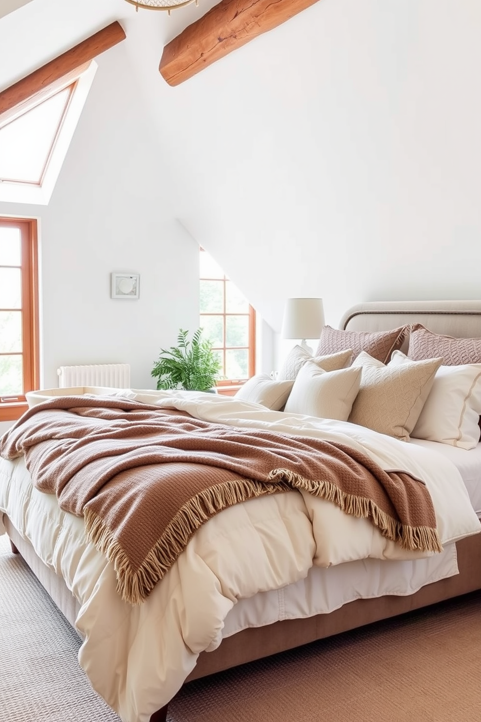 Layered bedding for a cozy look. The bed is adorned with multiple layers of soft blankets and plush pillows in varying textures and shades of cream and taupe. Attic bedroom design ideas. The room features sloped ceilings with exposed beams and large windows that allow natural light to flood the space, creating a warm and inviting atmosphere.