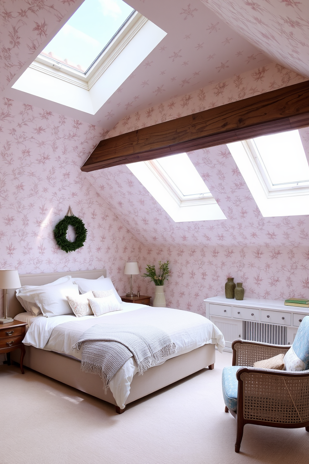 A cozy attic bedroom featuring earthy tones that create a grounded aesthetic. The walls are adorned with warm beige paint, and a plush, oversized area rug in muted browns covers the hardwood floor. A wooden bed frame with a soft, cream-colored duvet is positioned under the sloped ceiling. Natural light pours in through a skylight, illuminating a small reading nook with a comfortable armchair and a wooden bookshelf.