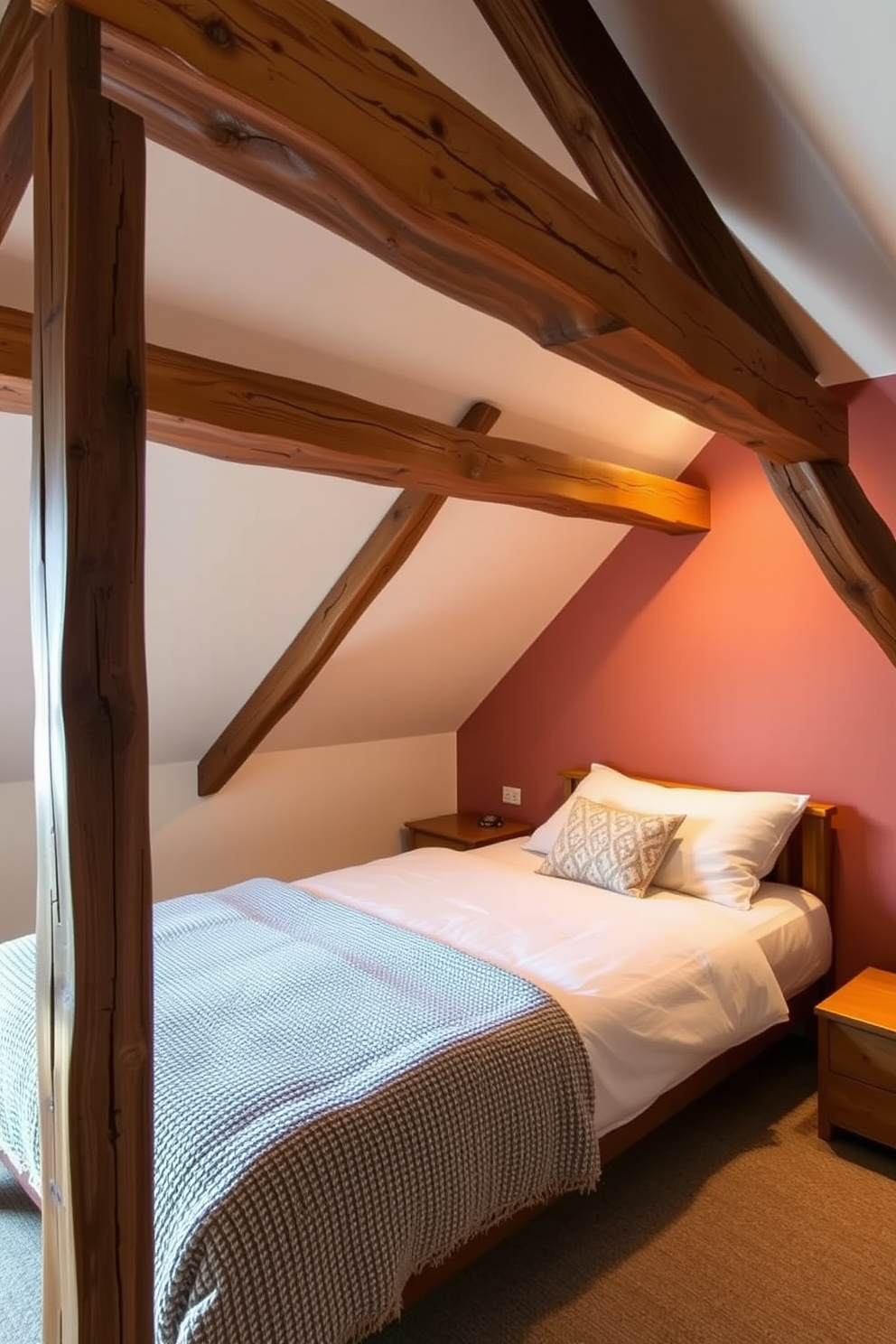 A cozy attic bedroom featuring reclaimed wood beams that add rustic charm. The walls are adorned with warm, earthy tones, and a comfortable bed with a textured blanket sits beneath a sloped ceiling.