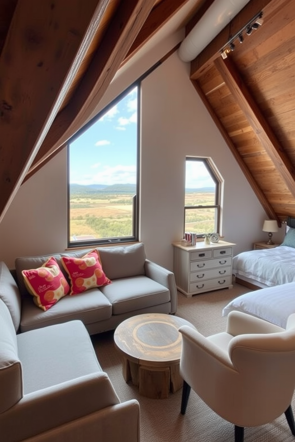 A cozy small seating area with a large window offering a stunning view of the landscape. The space features a plush loveseat in soft gray fabric, complemented by a pair of colorful throw pillows and a round coffee table made of reclaimed wood. An inviting attic bedroom designed with sloped ceilings and exposed wooden beams. The room includes a comfortable bed dressed in crisp white linens, a vintage dresser, and a reading nook with a soft armchair placed next to a small bookshelf.