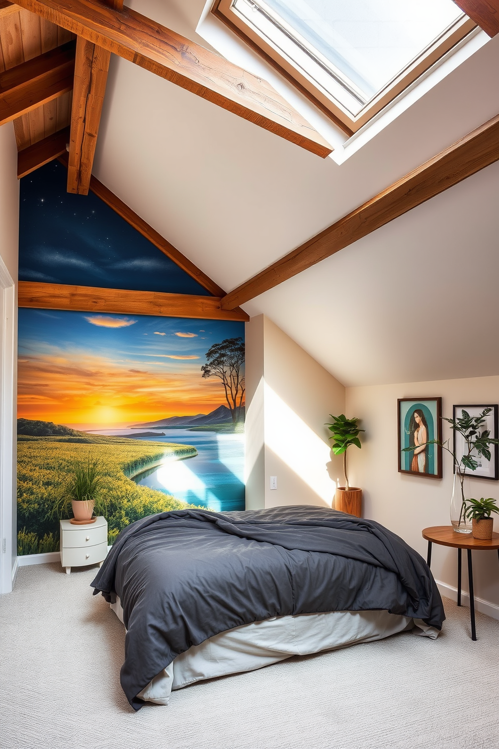 Artistic wall murals for personal touch. A vibrant mural depicting a serene landscape covers one wall, bringing life and color to the space. The other walls are painted in a soft, neutral tone to complement the mural, creating a harmonious balance. Decorative elements such as framed art pieces and plants enhance the overall aesthetic, making the room feel inviting and personalized. Attic Bedroom Design Ideas. The attic features sloped ceilings adorned with exposed wooden beams, creating a cozy atmosphere. A plush bed with layered bedding is positioned under a skylight, allowing natural light to flood the space and offering a perfect view of the stars at night.