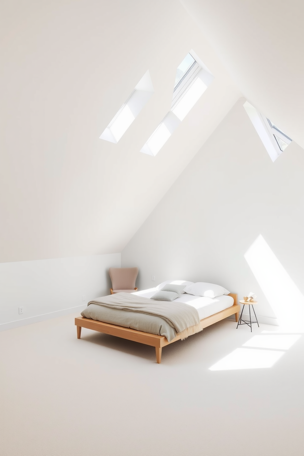 A serene attic bedroom with minimalist design featuring clean lines and a spacious layout. The walls are painted in a soft white hue, and natural light floods the room through large skylights. A low-profile bed with a simple wooden frame is centered against one wall, adorned with neutral-toned bedding. A cozy reading nook is created in the corner with a sleek armchair and a small side table.