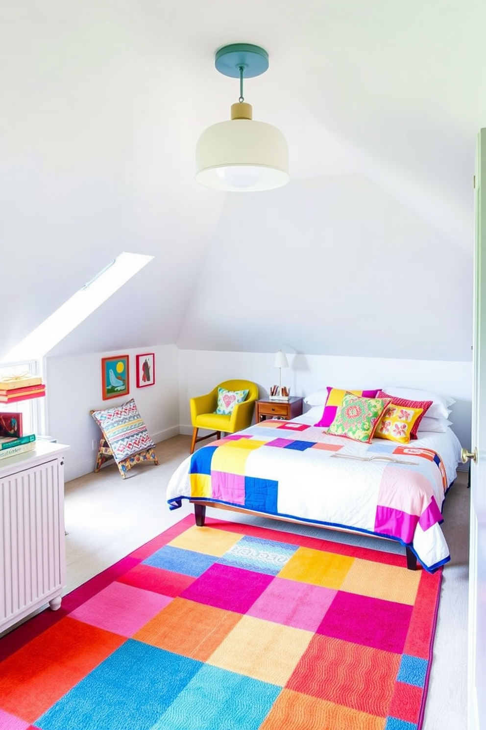 A cozy attic bedroom filled with bright pops of color in the accessories. The walls are painted a soft white, creating a fresh backdrop for vibrant throw pillows and a colorful area rug. A stylish bed is placed against the sloped ceiling, adorned with a patchwork quilt featuring bold hues. A small reading nook by the window is accented with a bright yellow chair and playful artwork on the walls.