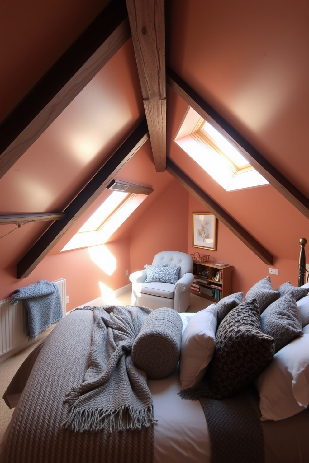 A cozy attic bedroom featuring a sloped ceiling adorned with exposed wooden beams. The bed is dressed in soft linens with an array of textured throws and cushions in varying shades of gray and cream for added comfort. Natural light filters in through a skylight, illuminating a reading nook with a plush armchair and a small bookshelf. The walls are painted in a warm, inviting hue, creating a serene atmosphere perfect for relaxation.