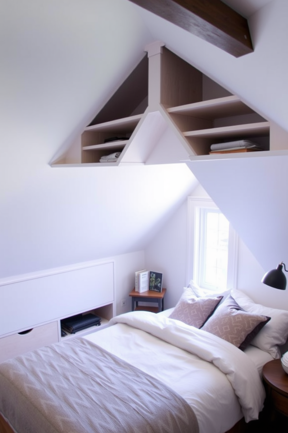 A cozy attic bedroom features creative storage solutions under eaves with built-in shelves and drawers seamlessly integrated into the sloped ceiling. Soft lighting illuminates the space, highlighting a plush bed adorned with layered bedding and a small reading nook nestled by a window.