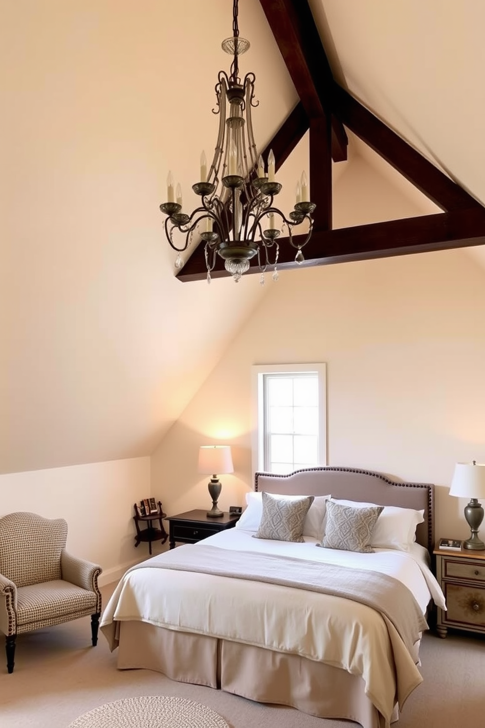 A cozy attic bedroom featuring an accent wall adorned with intricate floral wallpaper in soft pastel colors. The room is illuminated by natural light streaming through a skylight, highlighting the plush bedding and vintage wooden furniture. The opposite wall is painted in a calming light gray, creating a serene contrast with the vibrant wallpaper. A comfortable reading nook is nestled in one corner, complete with a plush armchair and a small bookshelf filled with favorite novels.