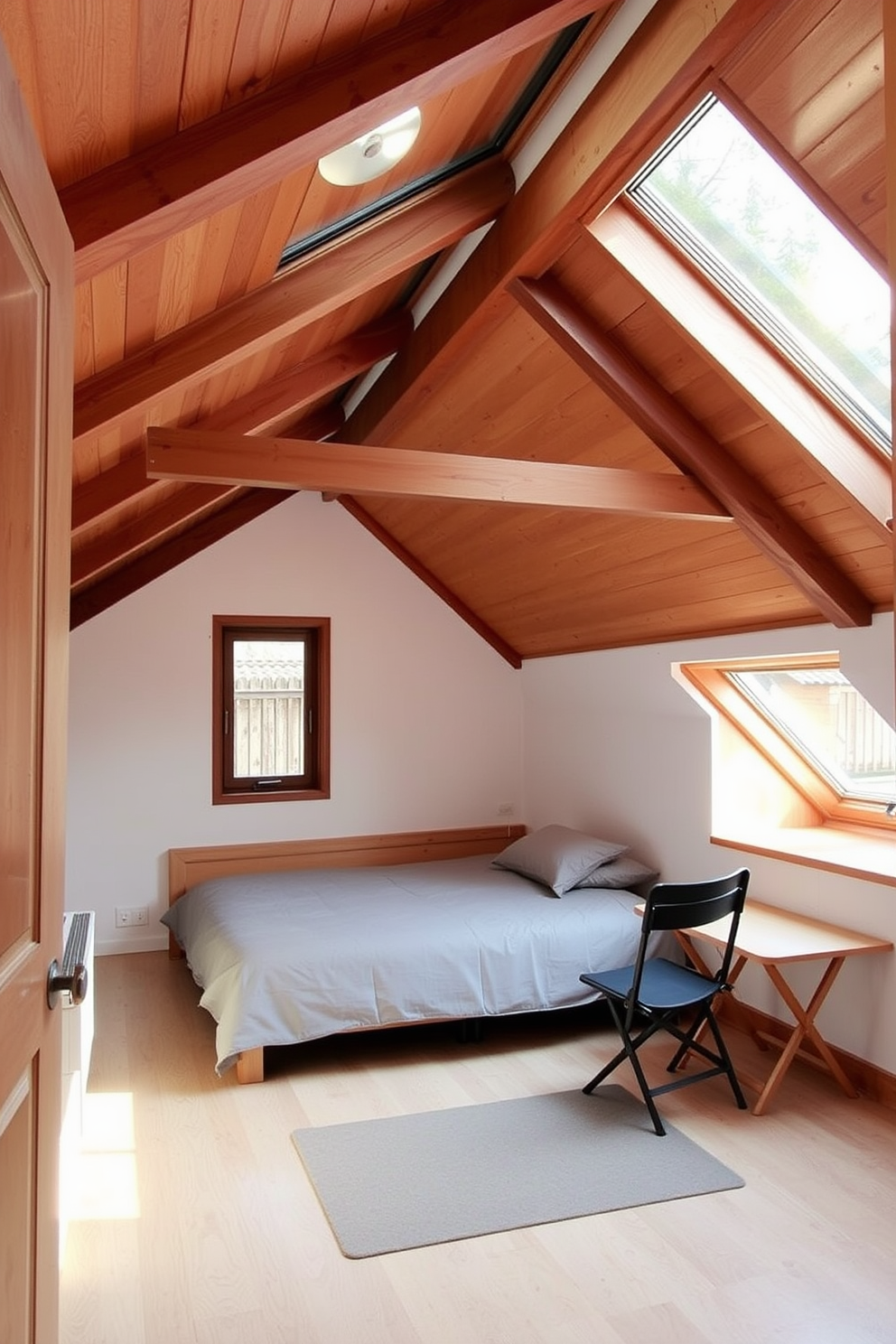 A cozy attic bedroom filled with natural light. The room features sloped ceilings adorned with exposed wooden beams and a large skylight, allowing sunlight to pour in. In one corner, a comfy queen-sized bed is dressed in soft linens and surrounded by lush indoor plants that bring a fresh feel to the space. A small reading nook with a vintage armchair and a bookshelf filled with books completes the inviting atmosphere.