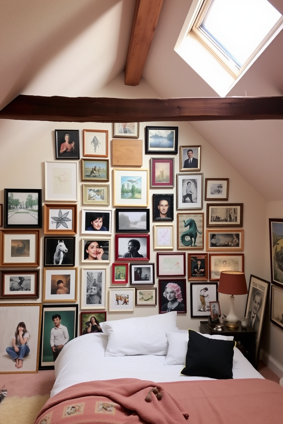 A personalized gallery wall filled with cherished memories. The wall features an eclectic mix of framed photos, artwork, and mementos arranged in a harmonious layout. An attic bedroom designed for comfort and style. The space includes a cozy bed with plush bedding, sloped ceilings adorned with soft lighting, and a reading nook by the window.