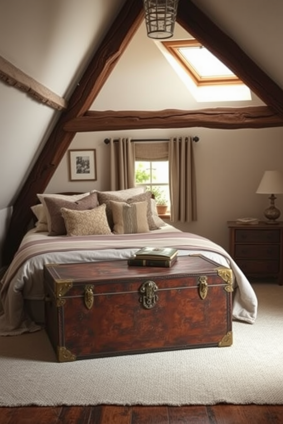 A cozy attic bedroom features a vintage trunk at the foot of the bed, serving as both stylish storage and a decorative element. The room is adorned with soft, muted colors and rustic wooden beams, creating a warm and inviting atmosphere. The vintage trunk is made of weathered leather with brass accents, complementing the room's eclectic decor. Plush bedding and textured throw pillows add comfort, while a small reading nook by the window enhances the space's charm.